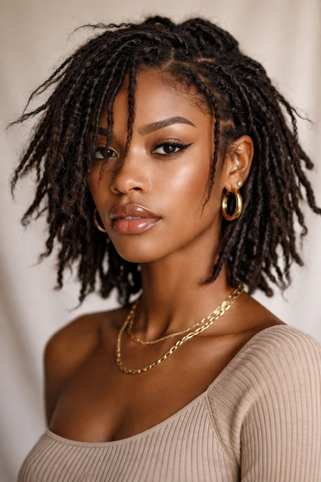 Close-up of knotty, textured undone locs with deliberate texture