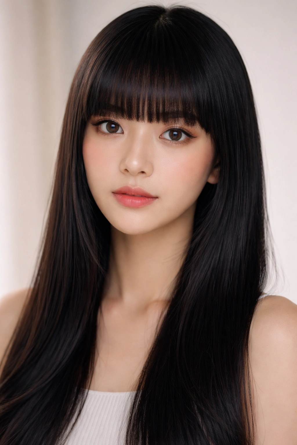 Close-up of a person with thick blunt bangs across the forehead in a sleek hairstyle