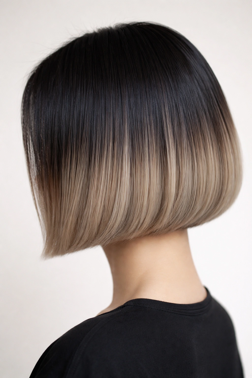 Close-up of blunt bob with dark roots fading to blonde showing Korean gradient color