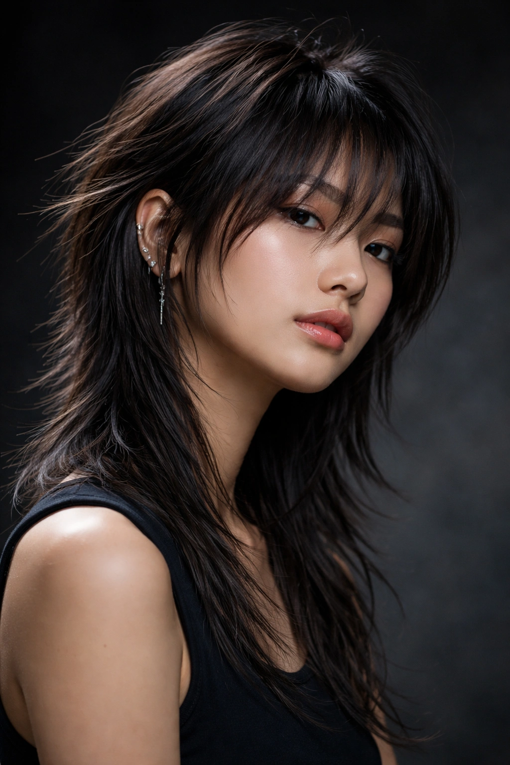 Profile view of a wolf cut with short top layers and longer bottom layers