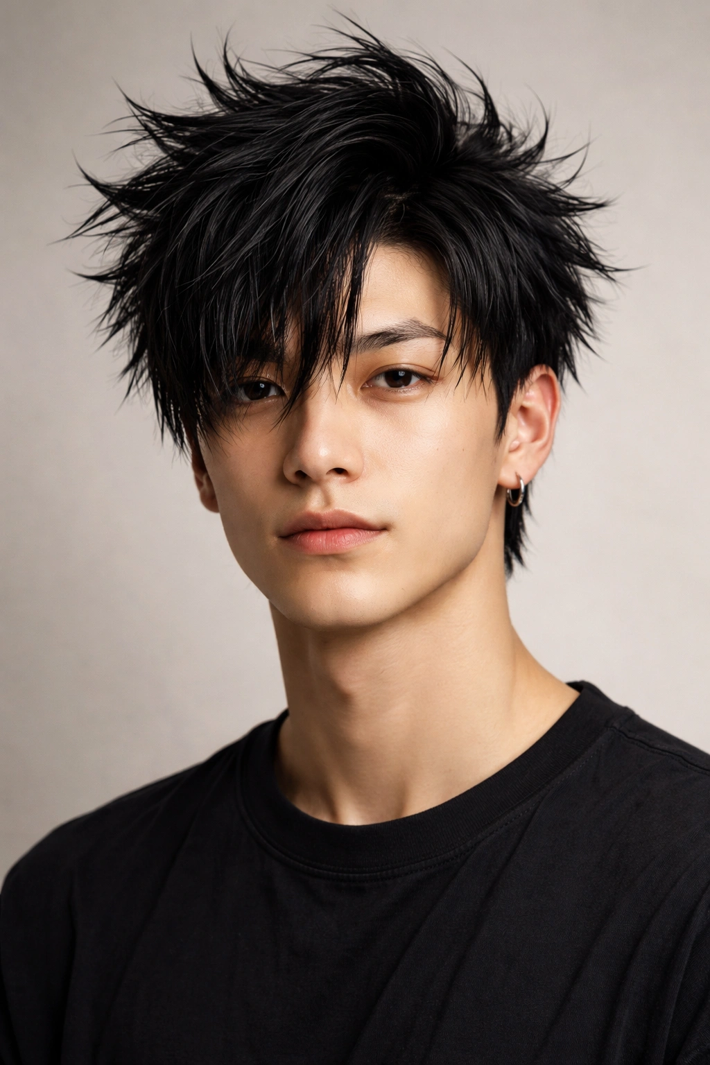 Kuroo bedhead spikes hairstyle in black hair with asymmetrical spikes.
