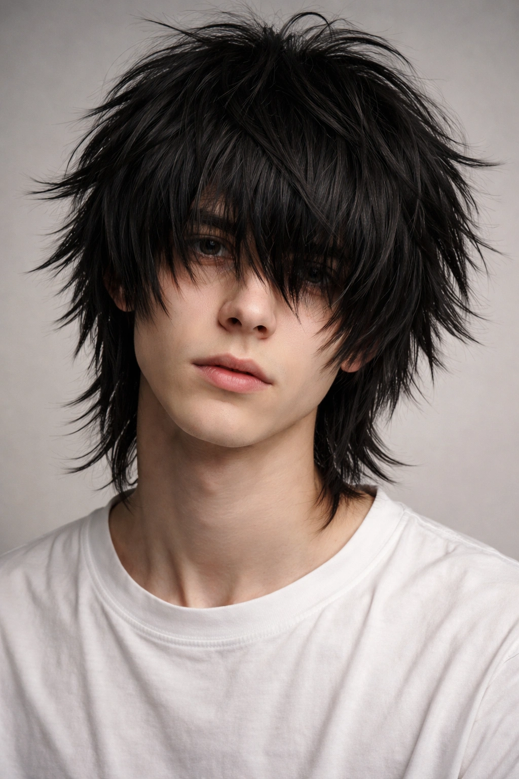 Portrait of The L Lawliet Messy Fringe with fringe over the eyes and shaggy texture