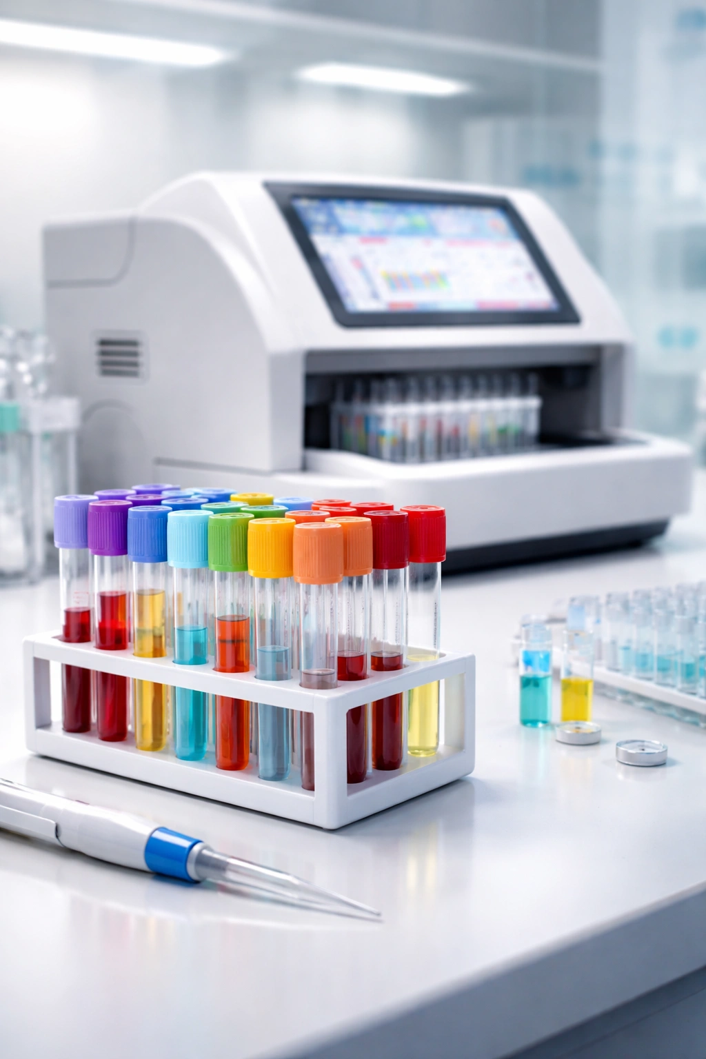 Lab equipment and test tubes illustrating interference of biotin with lab tests