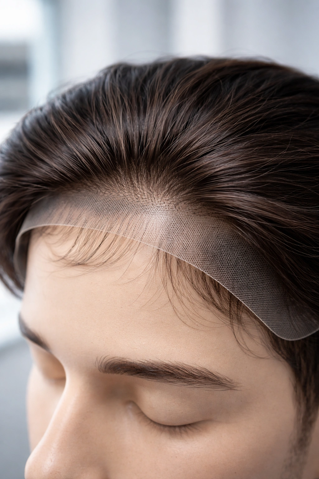 Close-up of a lace-base hair system on a mannequin head, highlighting mesh base along the hairline