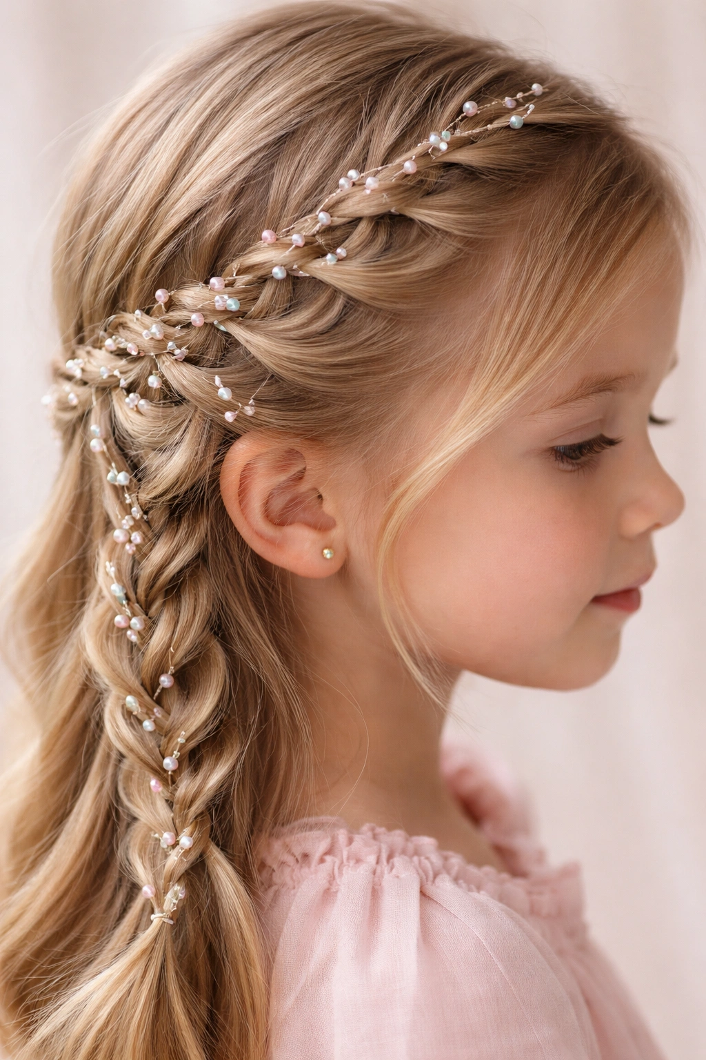 Close-up of a lace braid with tiny accent beads woven into an airy openwork pattern on a child's hair