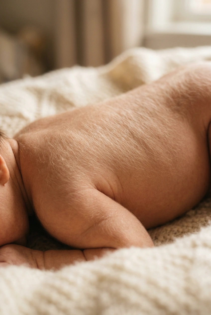 Newborn back with fine lanugo body hair