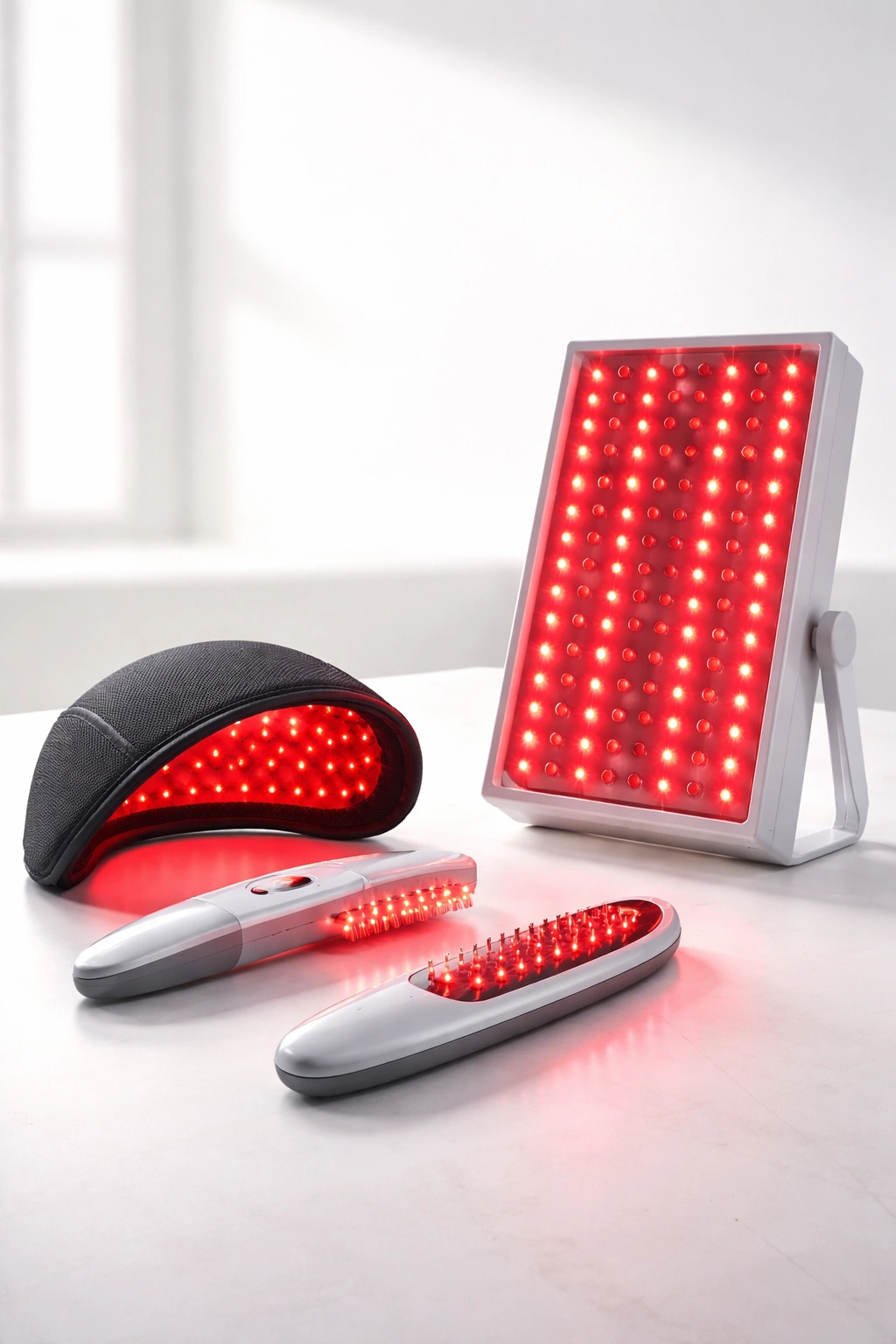Lineup of red light therapy devices for hair at studio