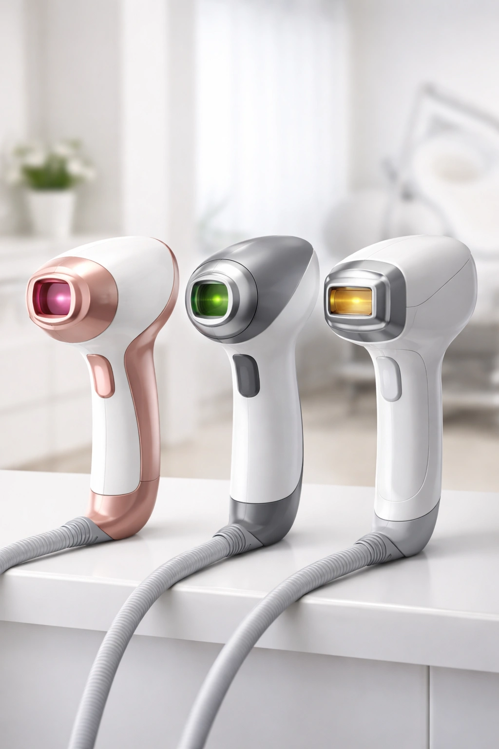 Three different laser devices used for hair removal arranged in a clinic setting