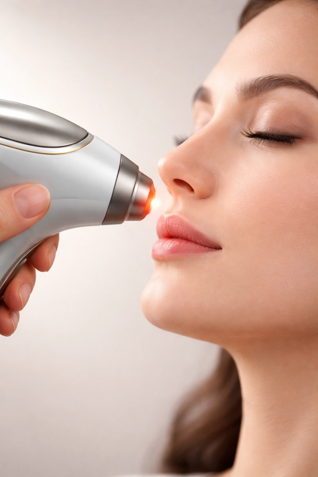 Handheld laser device aimed at a facial profile illustrating laser comparison