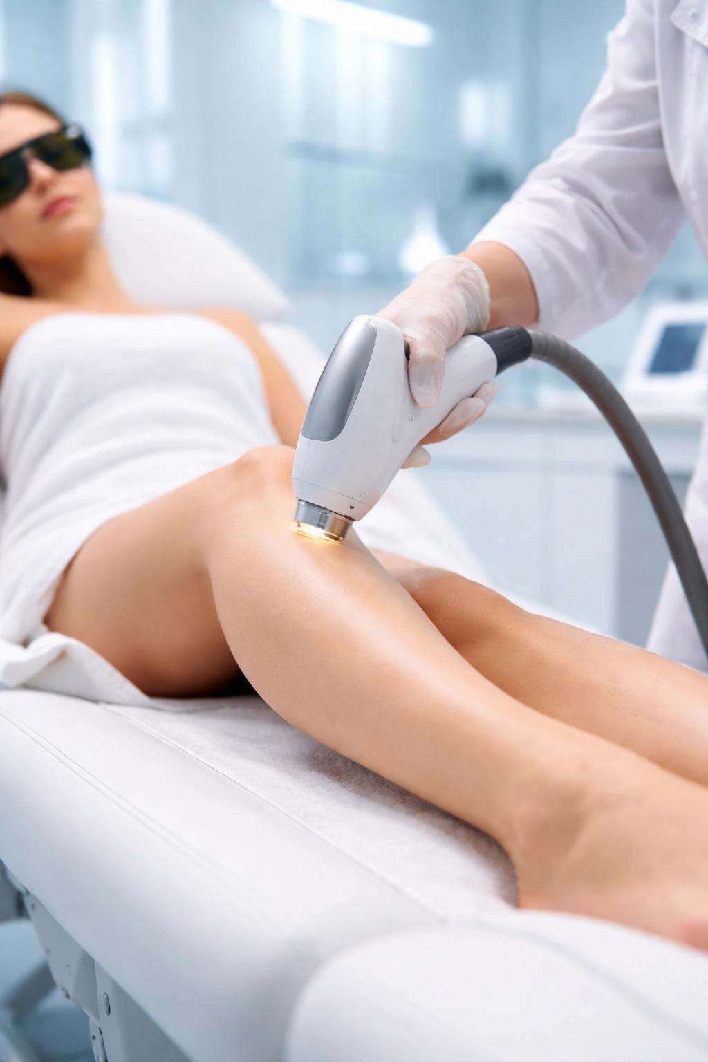 Close-up of laser hair removal session on leg in a clinical setting