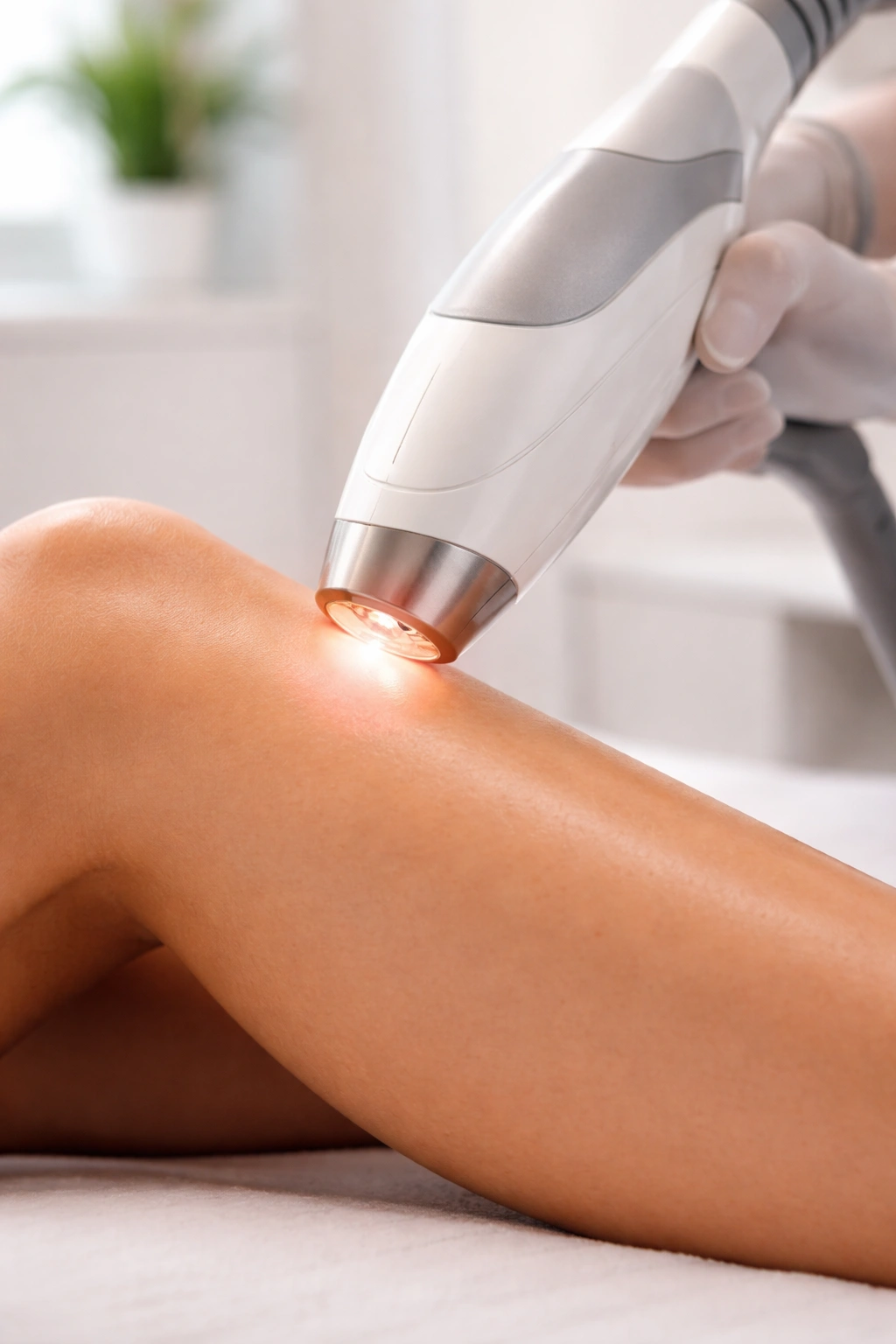 Close-up of laser hair removal treatment on skin in a clinical setting