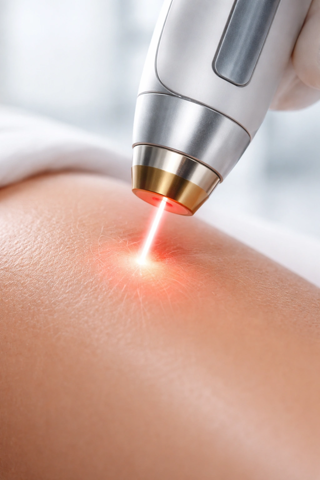 Close-up of focused laser beam targeting hair follicle on skin in clinic
