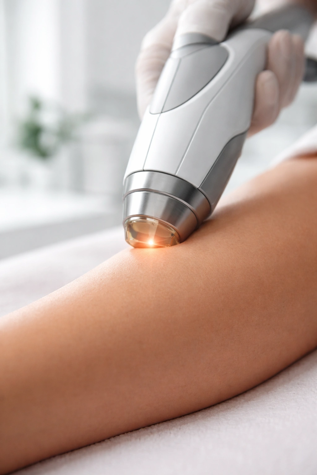 Close-up of laser device near skin during treatment on forearm in clinical setting.
