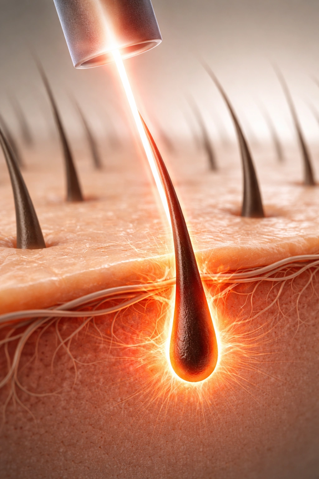 Close-up of skin and follicles targeted by laser showing heat interaction
