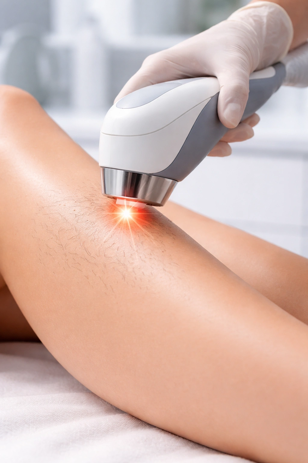 Skin area with laser device targeting hair follicles during treatment
