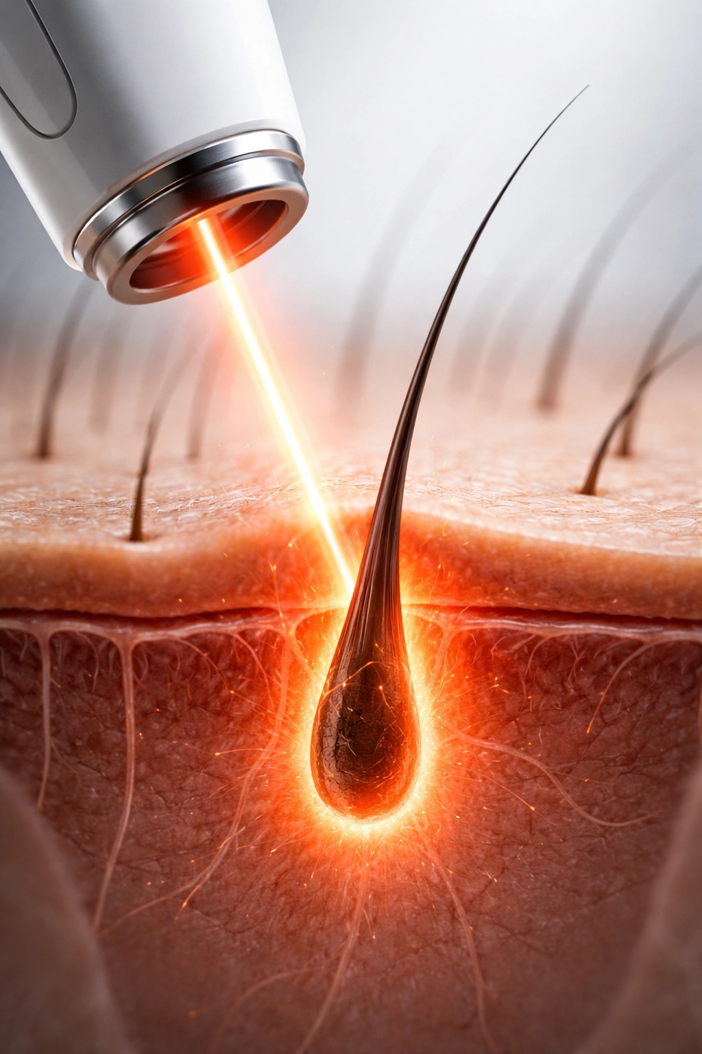 Close-up of laser targeting a hair follicle on skin, illustrating the mechanism of action.