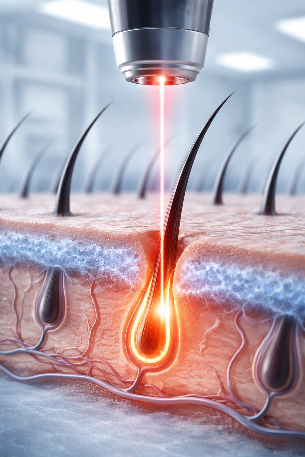 Close-up cross-section of skin showing laser targeting a hair follicle with heat