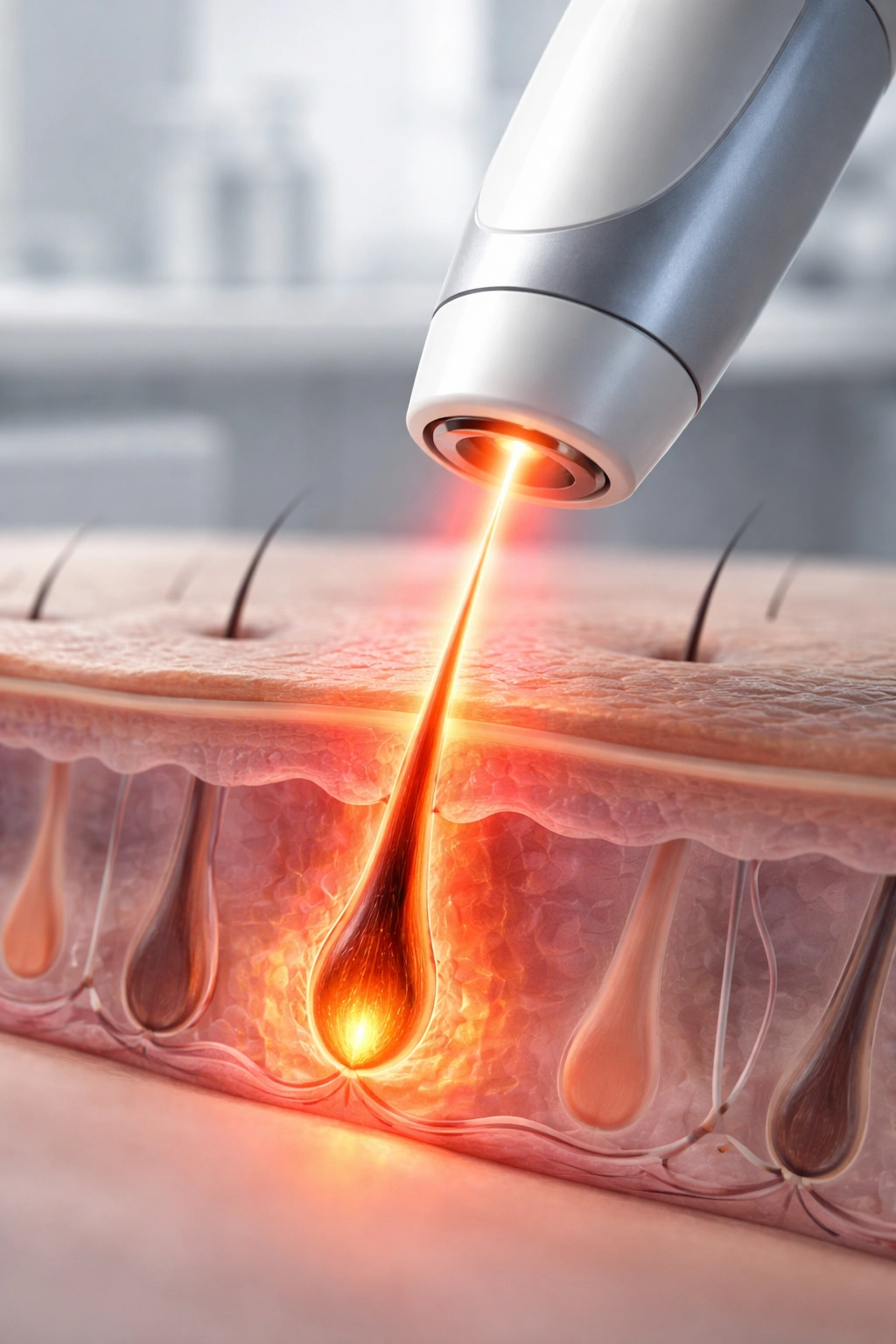 Close-up of laser targeting a hair follicle beneath the skin to illustrate how laser hair removal works