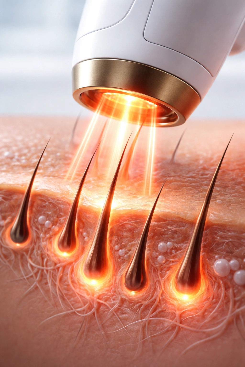 Close-up of laser handpiece targeting hair follicles on skin