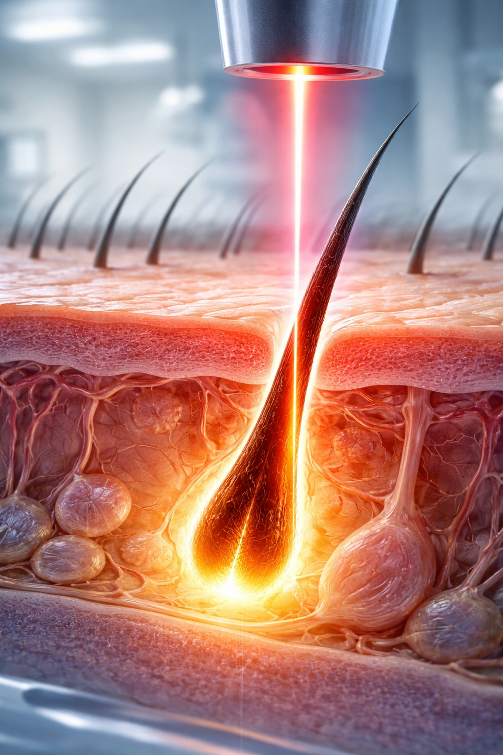 Cross-section of skin showing hair follicle targeted by laser beam for hair removal