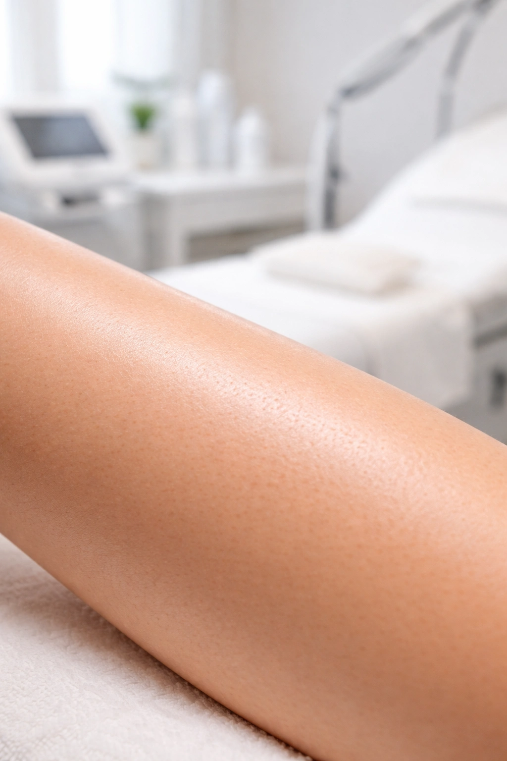 Close-up of shaved forearm skin in a clinical setting, highlighting preparation for laser hair removal.