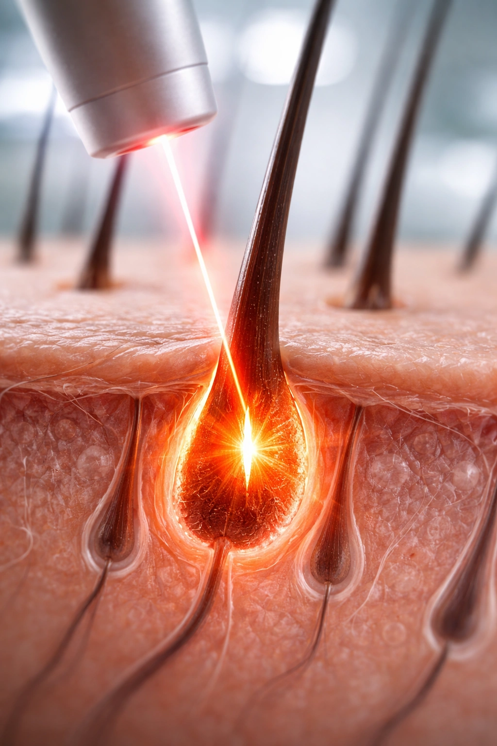 Macro close-up of skin with laser targeting a hair follicle