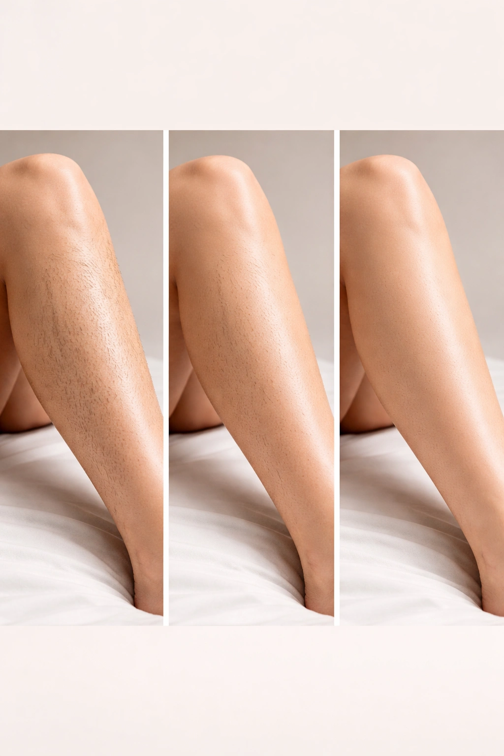 Triptych showing progressive hair reduction on a limb over time