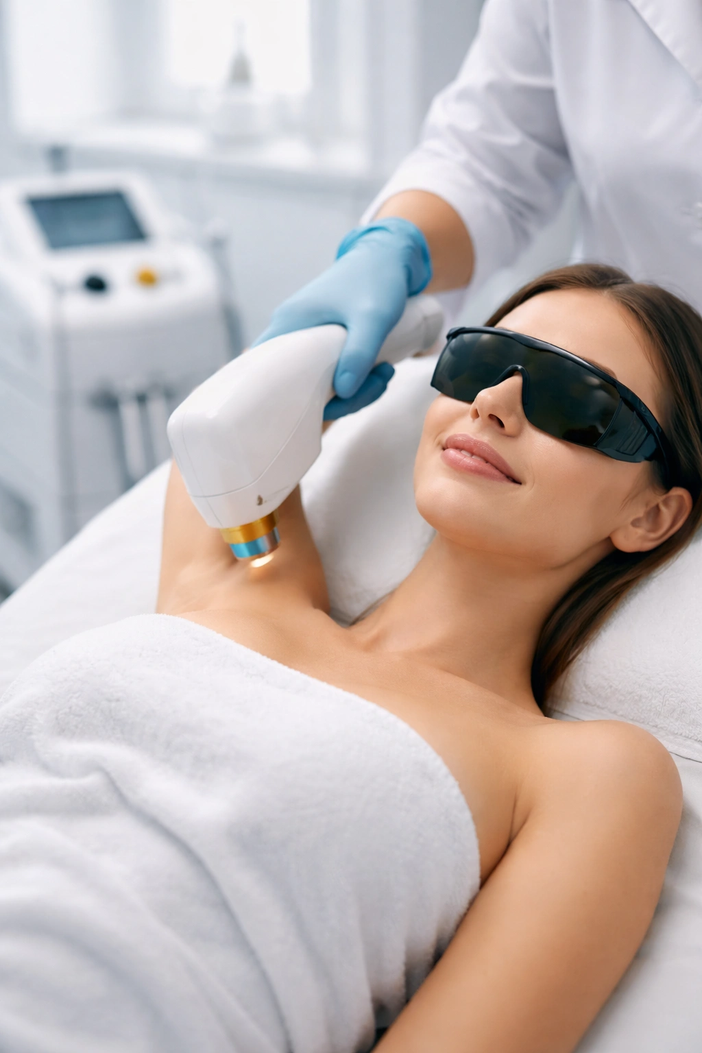 Patient undergoing laser hair removal with clinician using handheld device, wearing protective eyewear.