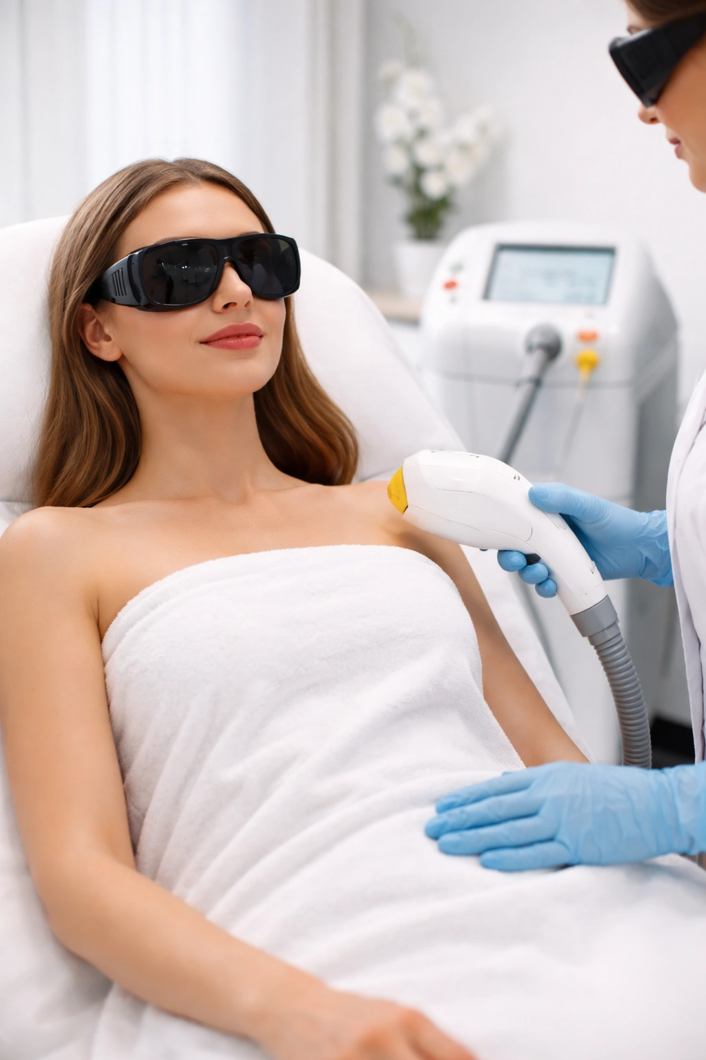 Client with protective eyewear during laser hair removal in a clinical setting