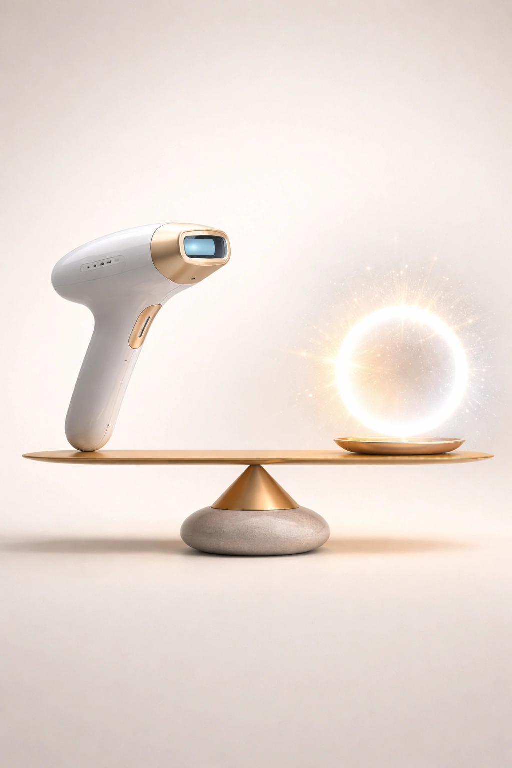 Abstract balance showing safety versus effectiveness for at-home laser hair removal.