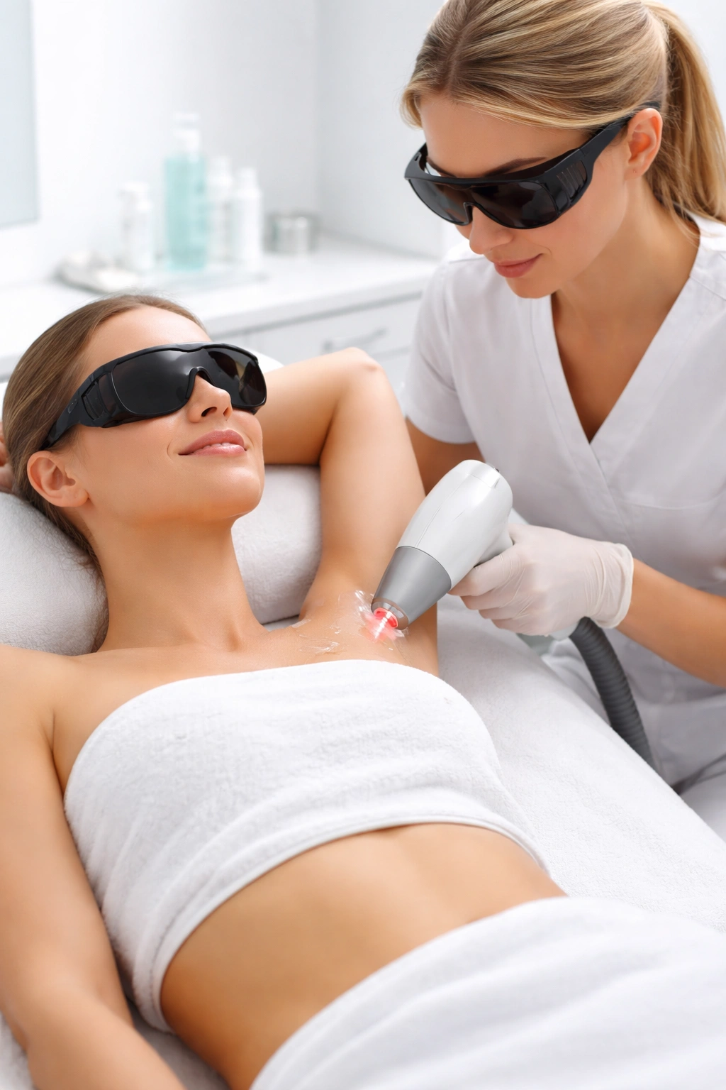 Patient undergoing laser hair removal session with clinician