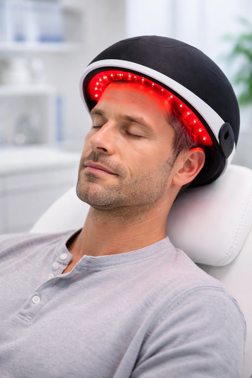 Person with red-light therapy cap on head in clinical setting
