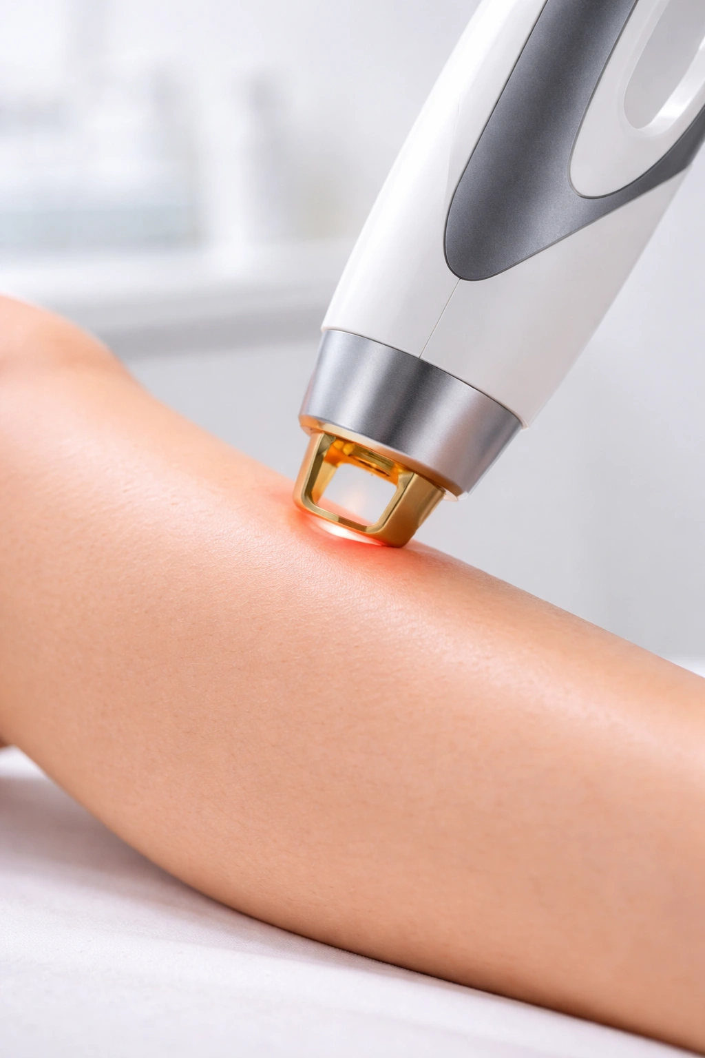 Laser device tip against skin during treatment