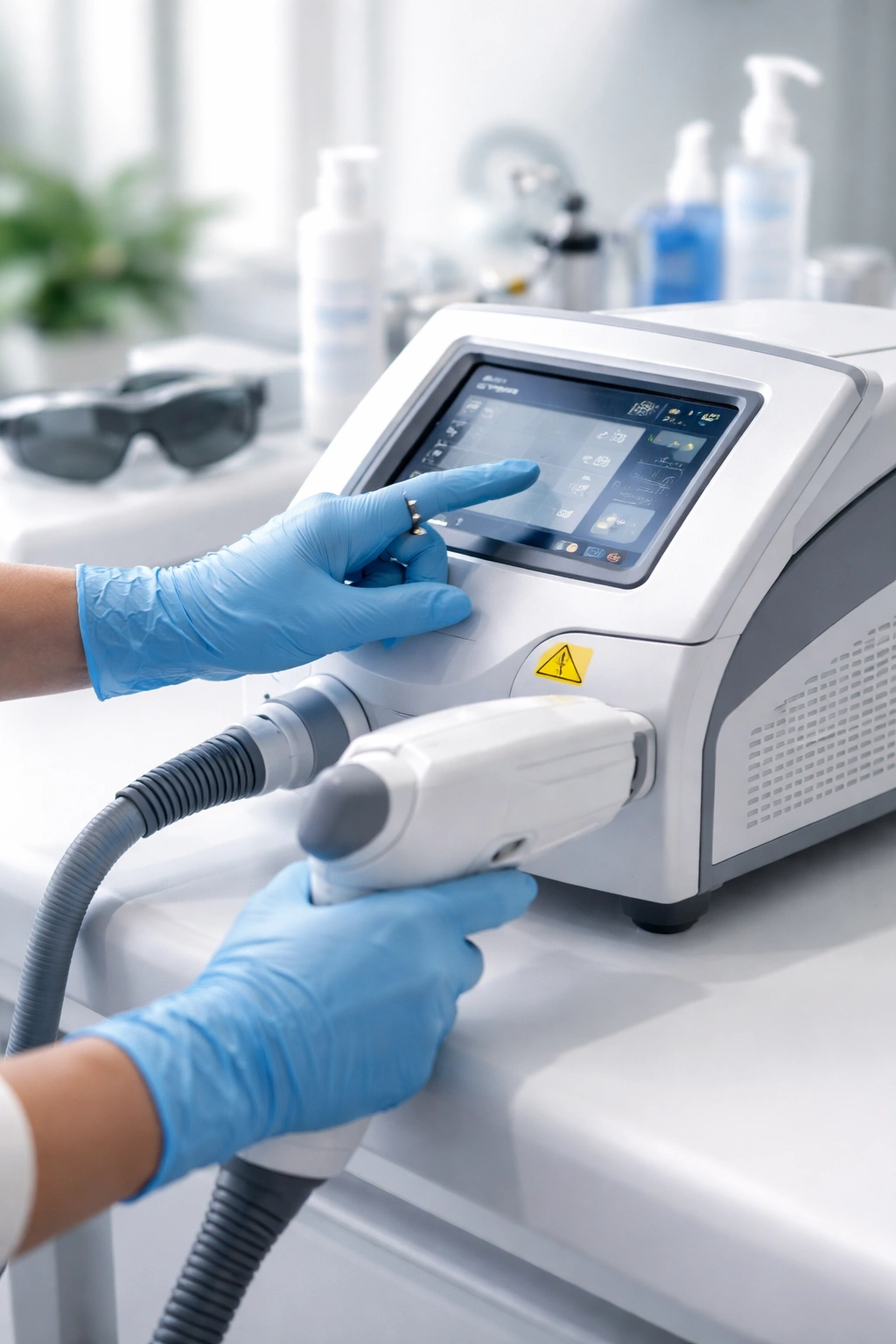 Gloved hands operating a diode laser device in a clinical training space