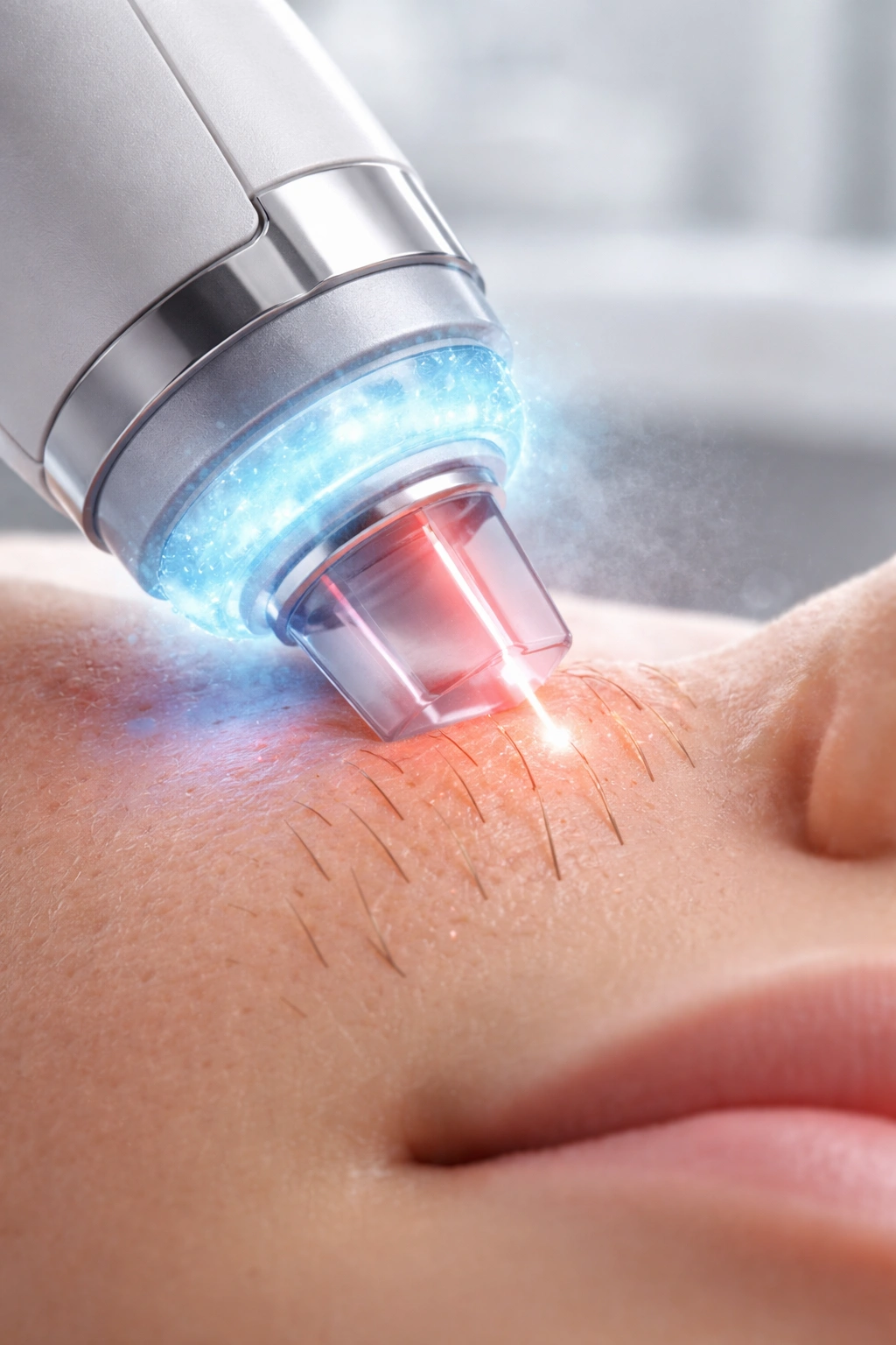 Skin being treated with a laser handpiece showing cooling effect