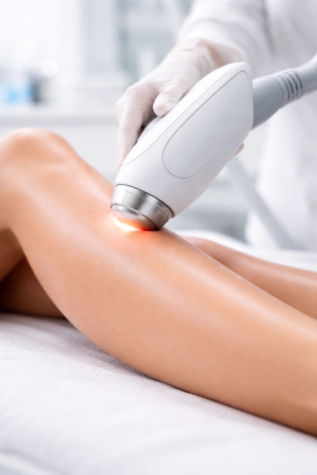 Laser handpiece over skin in a clinical setting illustrating planned sessions