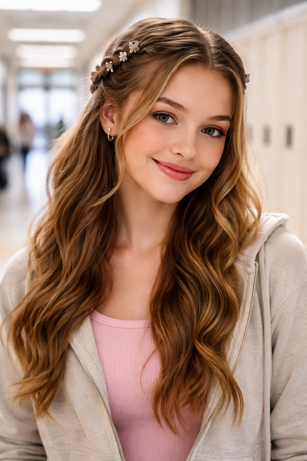 Teen girl with braided half-up hairstyle and waves ready for day-long celebrations