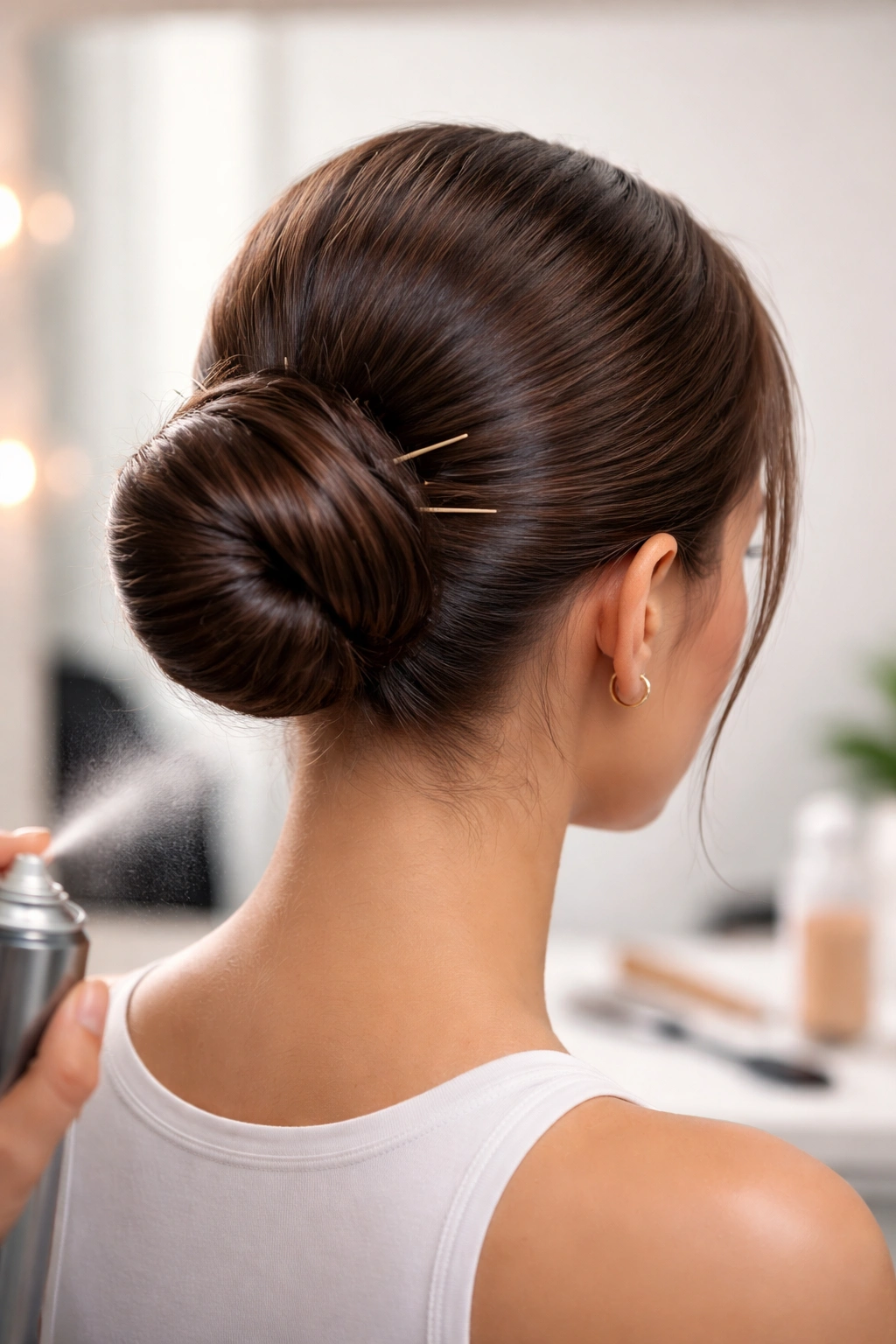 Sleek bun secured with pins, illustrating durable, all-day hairstyle