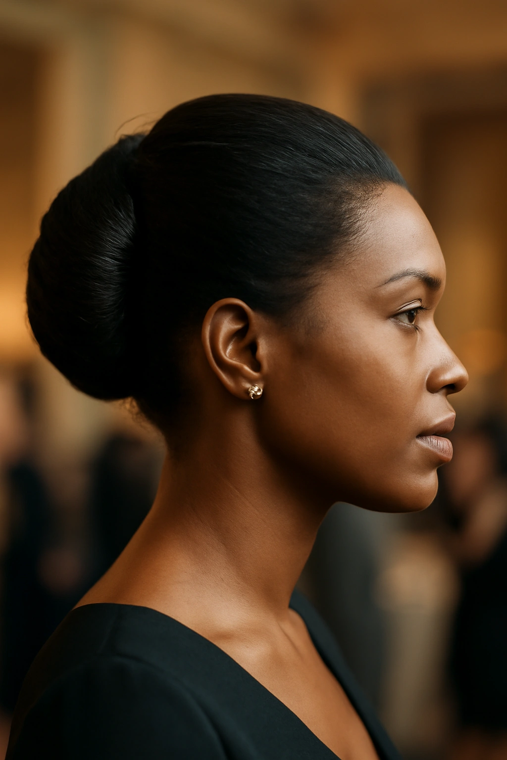 12 Elegant French Roll Updos Every Black Woman Needs 16 Profile view of a Black woman's French roll maintained during an event