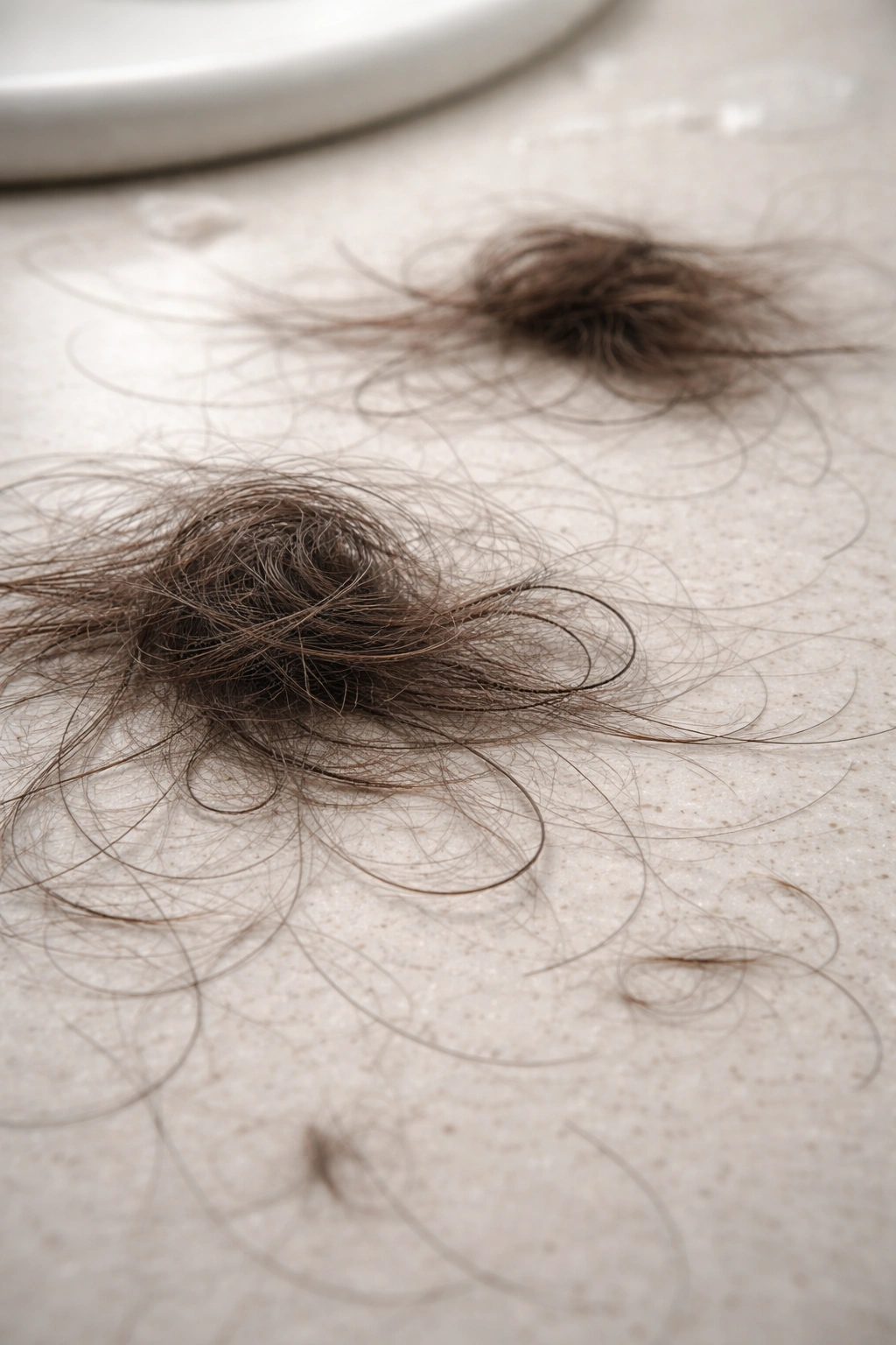 Hair strands of varying lengths on a neutral surface indicating delayed onset