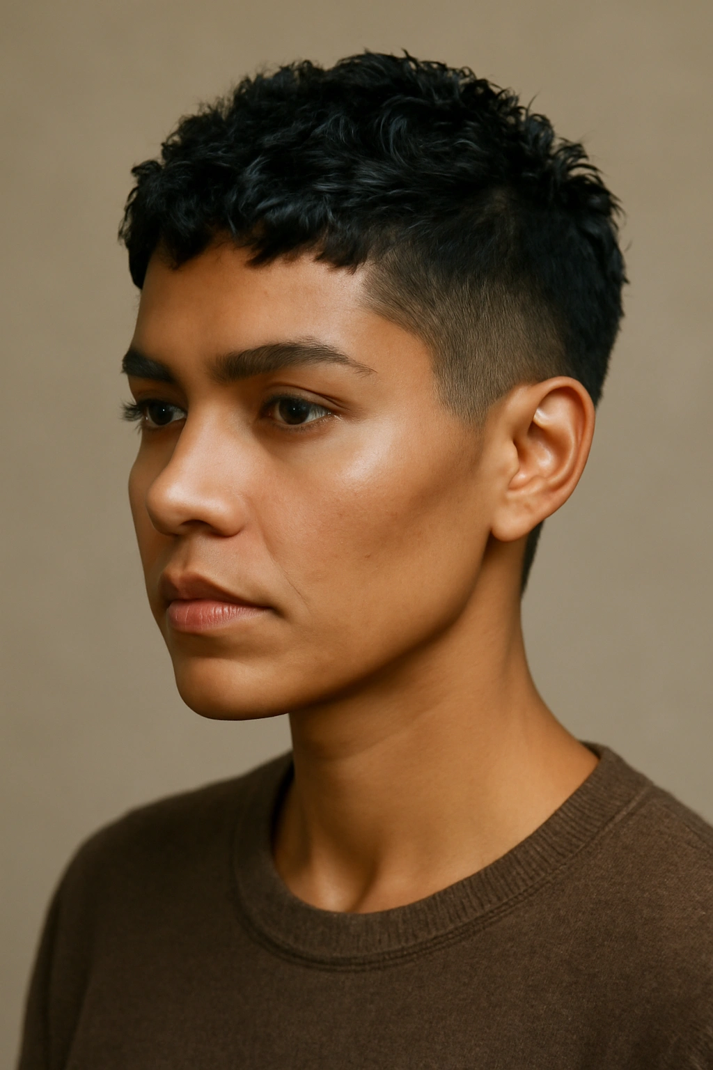 12 Short Haircuts Latina Women Are Asking For Now 13 Close-up portrait of a Latina woman with a short textured pixie cut in a neutral studio setting