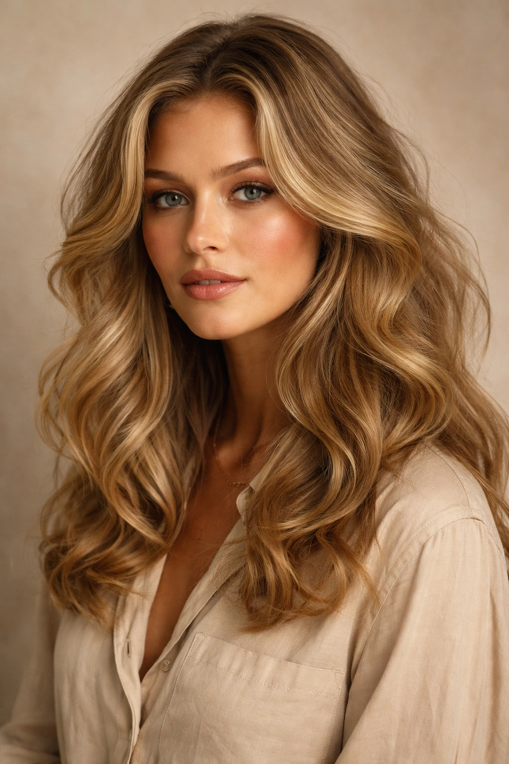 Portrait of a model with Lauren Hutton-inspired loose waves and off-center part.