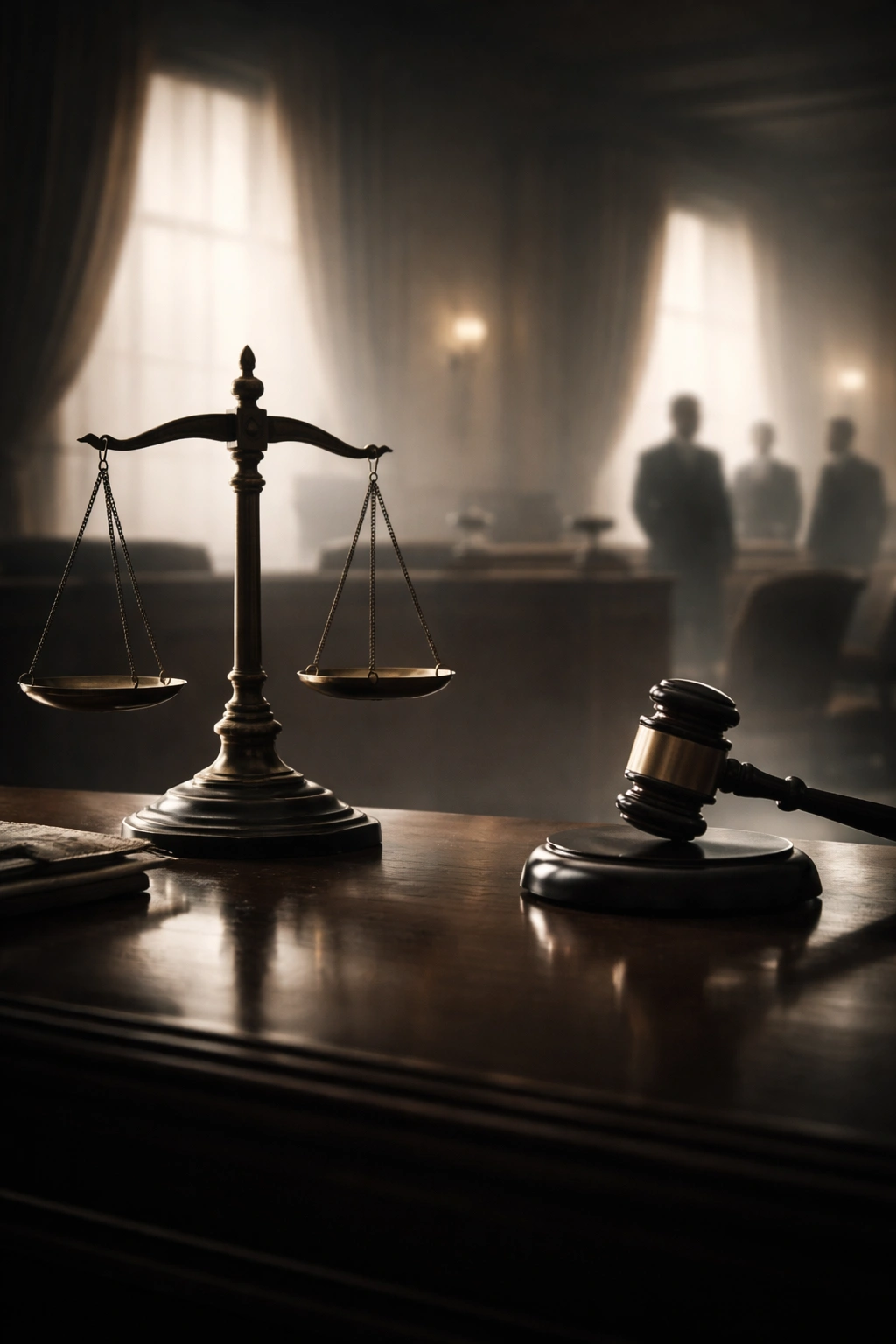Courtroom silhouette with scales of justice and a gavel in muted tones.