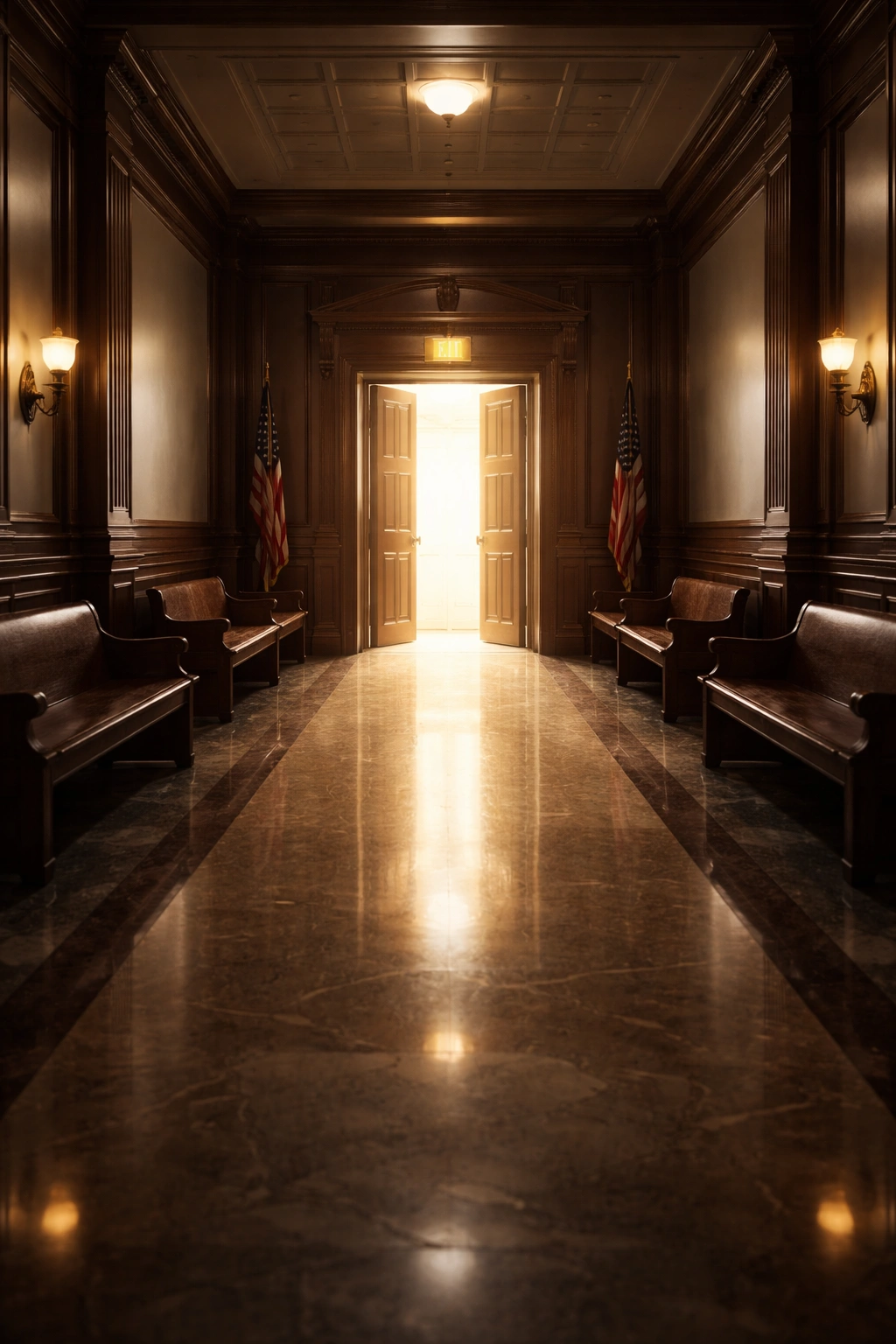 Bright doorway symbolizing the end of a legal case in a courtroom setting.
