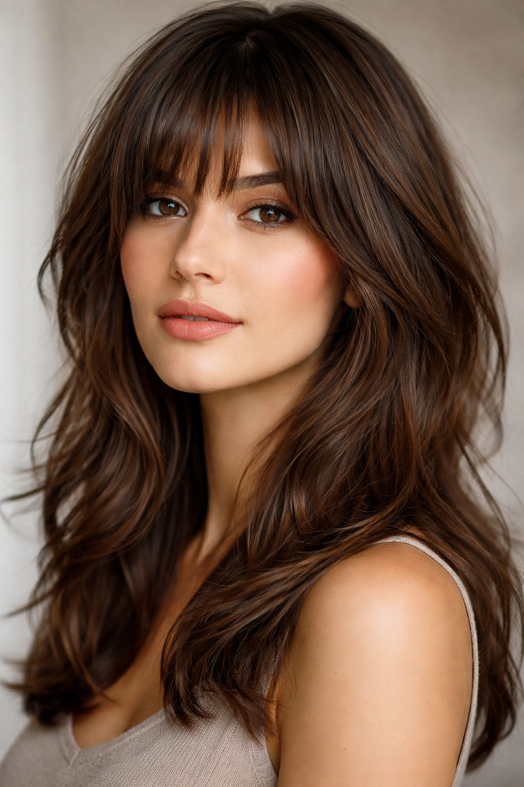 Close-up of layered bangs with multiple lengths on medium-length hair