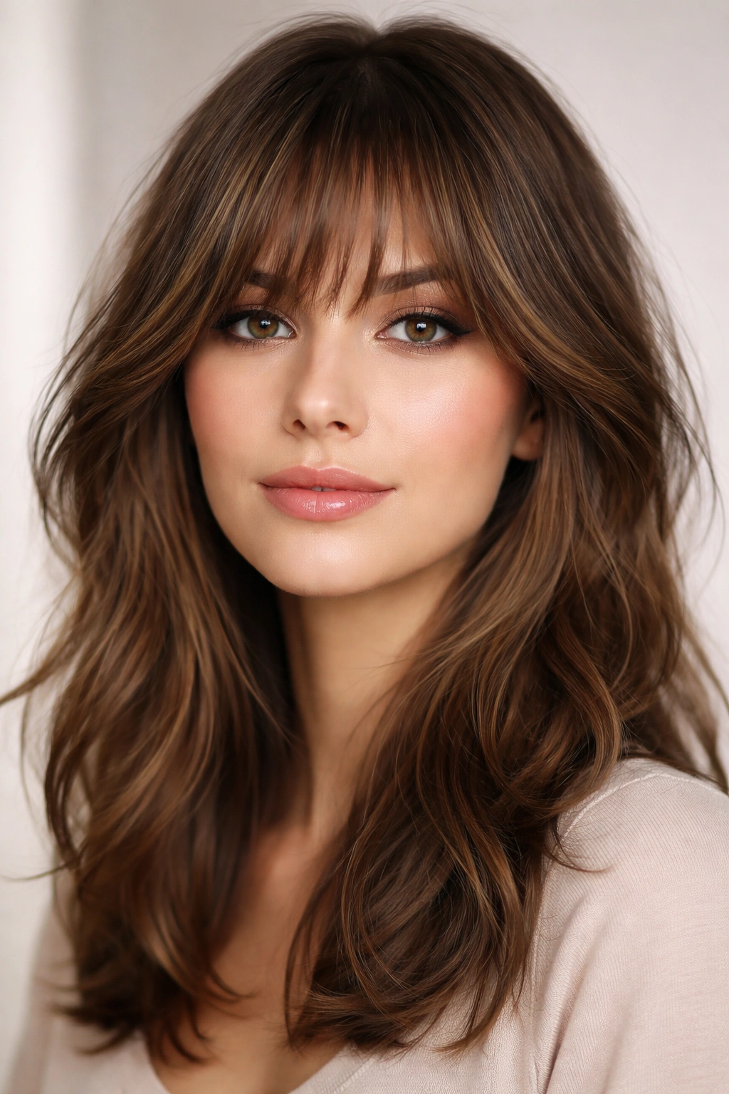 Close-up of layered bangs cascading across the forehead in a medium-length hairstyle