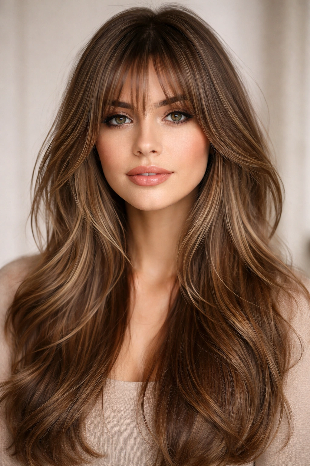 Long hair with front layered bangs framing the face