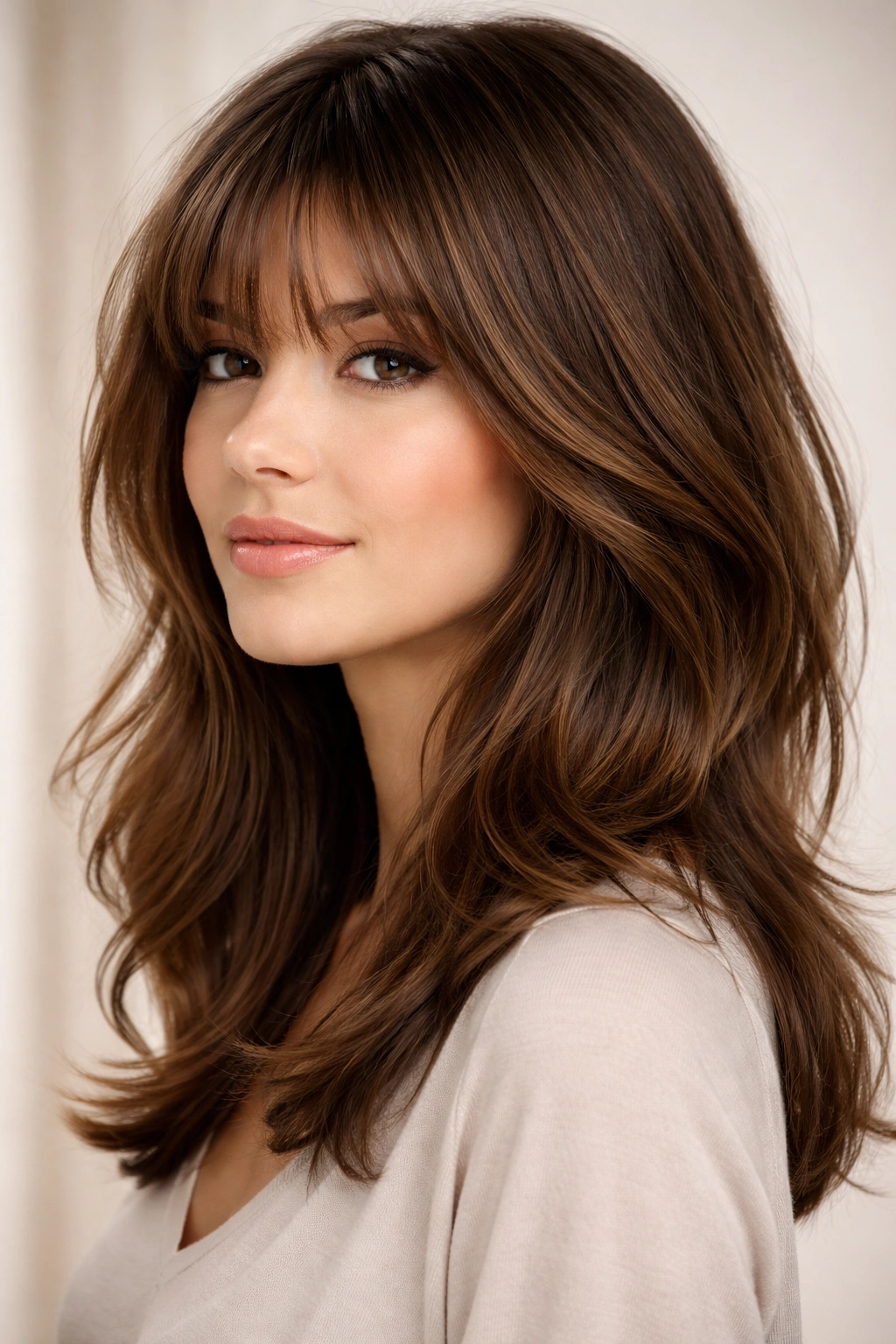 Close-up of layered bangs with varied lengths blending into medium-length hair