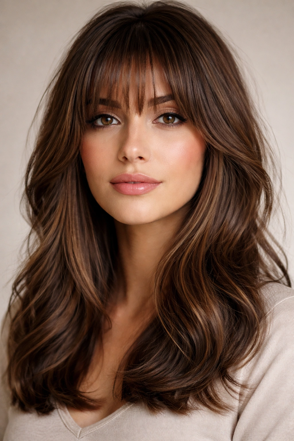 18 Bangs To Try With Medium Length Hair 11 Layered bangs with multiple tiers and movement in medium-length hair