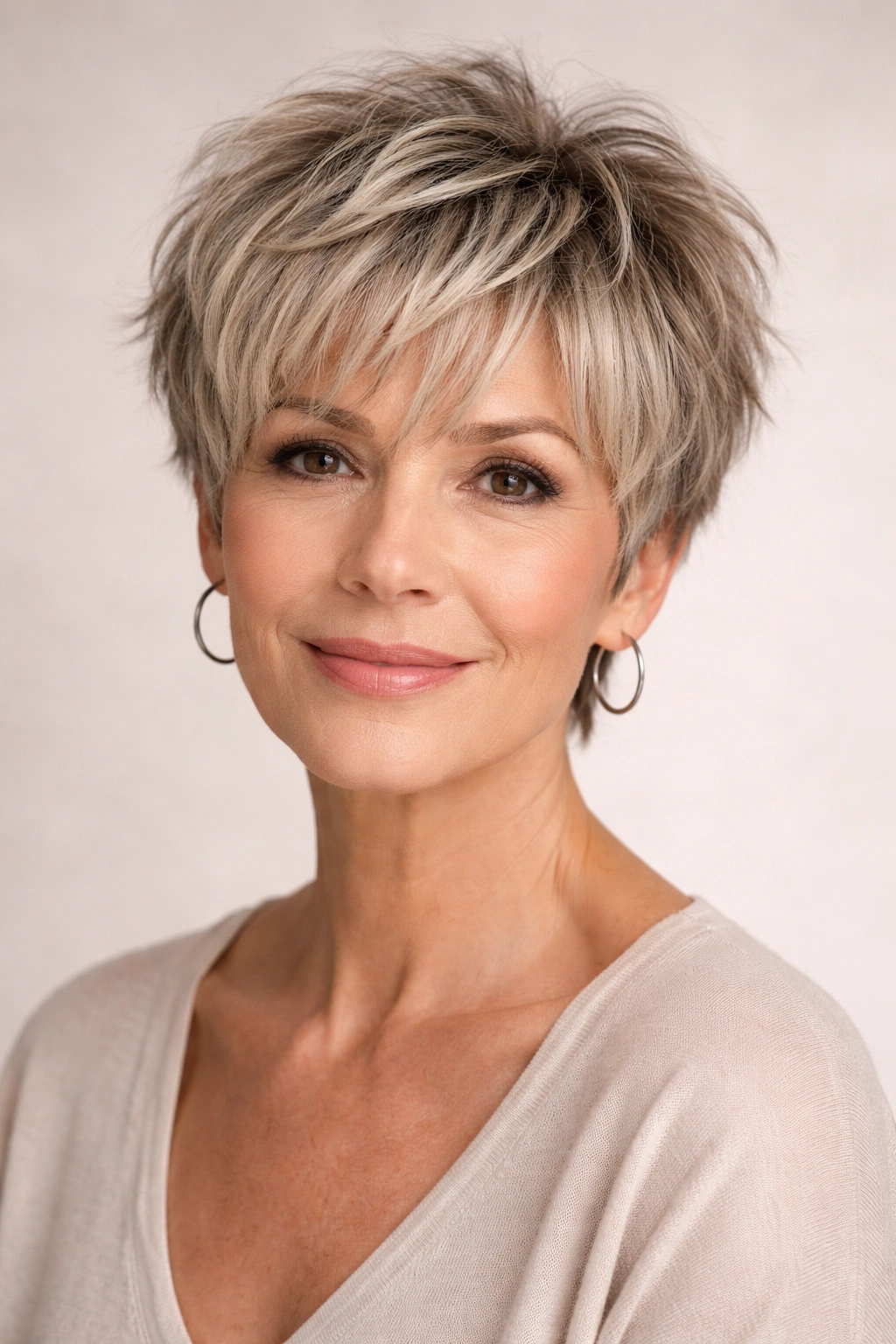Close-up of layered choppy bangs on a textured pixie cut with visible movement